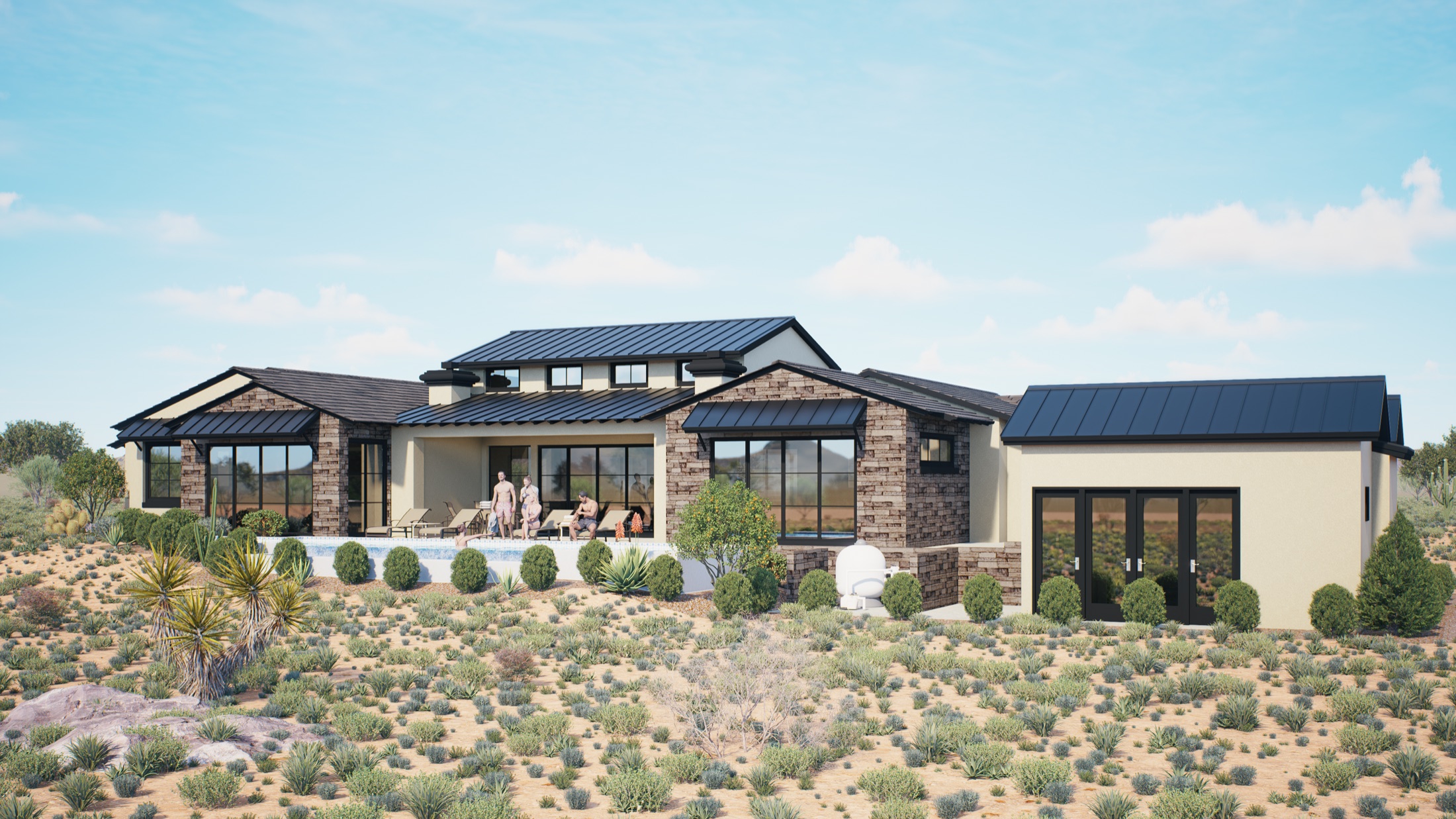 Rendering of the Rising Sun Drive residence at dusk with pool and desert landscape